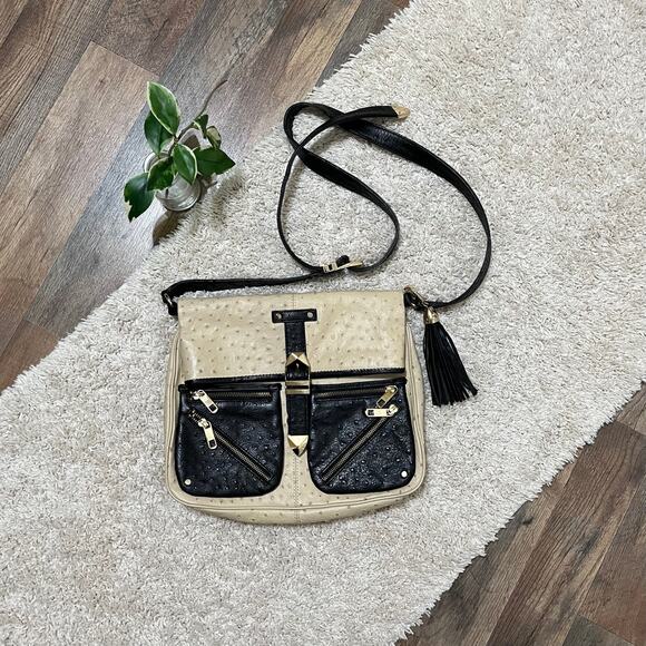 Rebecca Minkoff Beige Black Leather Main Squeeze Buckled Fold Over Bag Purse - Picture 1 of 10